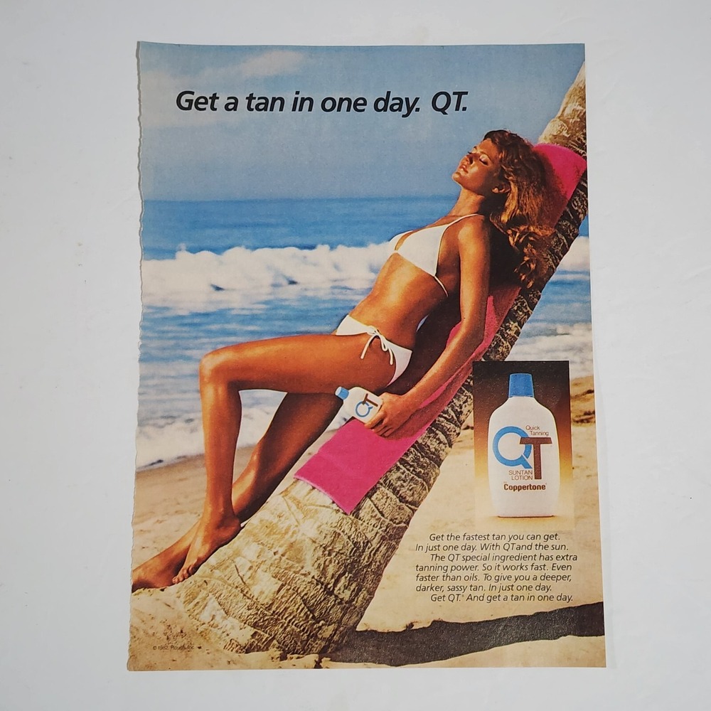 Vintage 1983 Coppertone QT Print Ad Model Bikini Sunbathing Beach 8x10.5